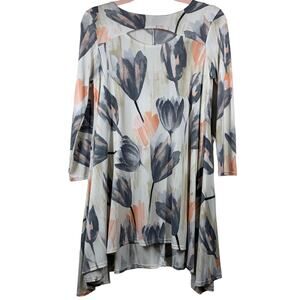 White Pink Blue Gray Black Tan Floral Long Sleeve Mini Dress Medium